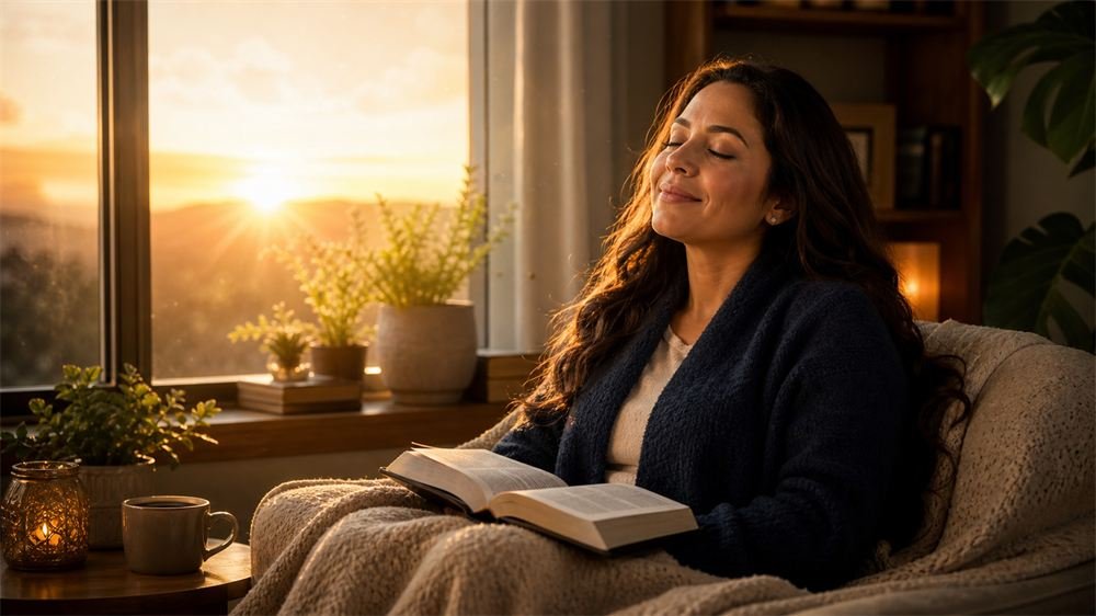 Persona despertando en paz, con luz de amanecer